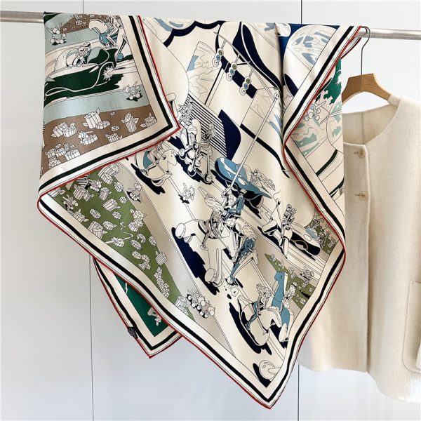 Design Luxury Double Side Print Silk Wool Women Shawl Bandana